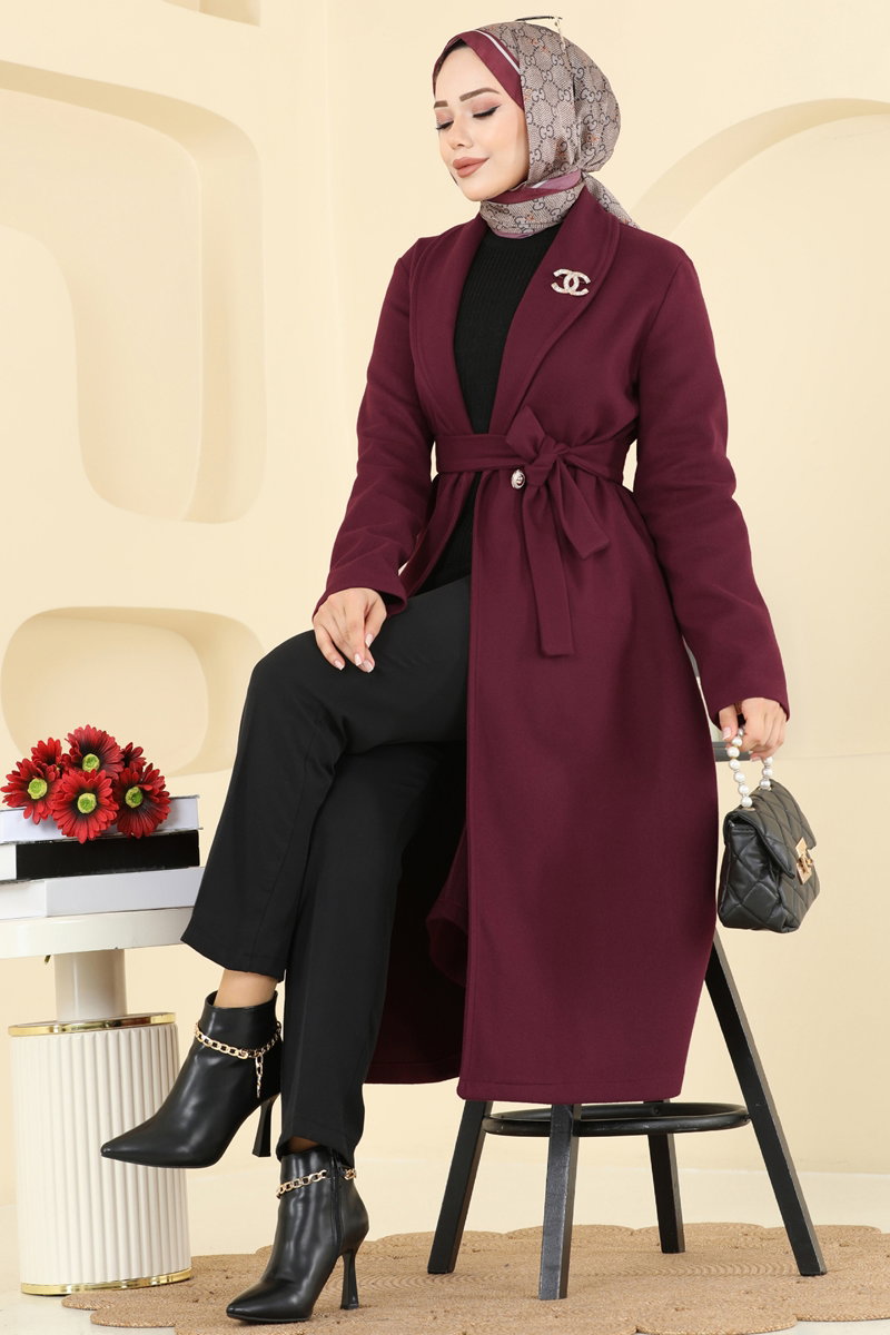 Double-Breasted Felt Coat - Burgundy