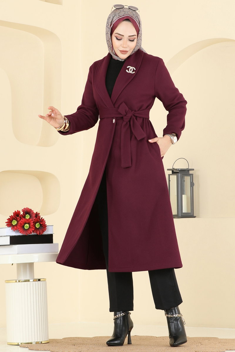 Double-Breasted Felt Coat - Burgundy