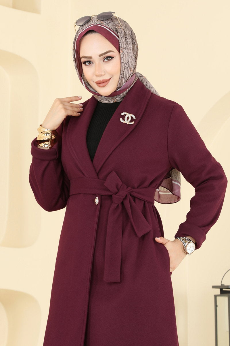 Double-Breasted Felt Coat - Burgundy