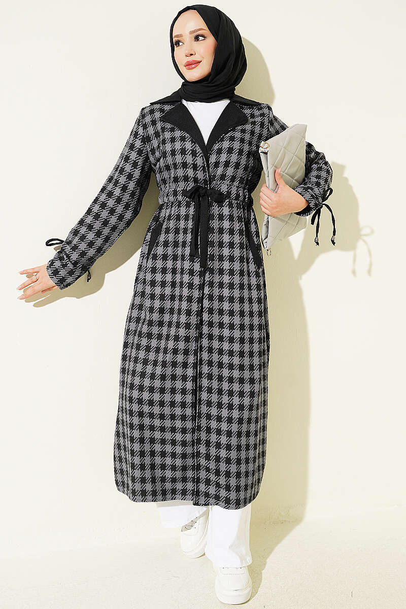 Wrap-Collar Houndstooth Cape - Smoke Grey