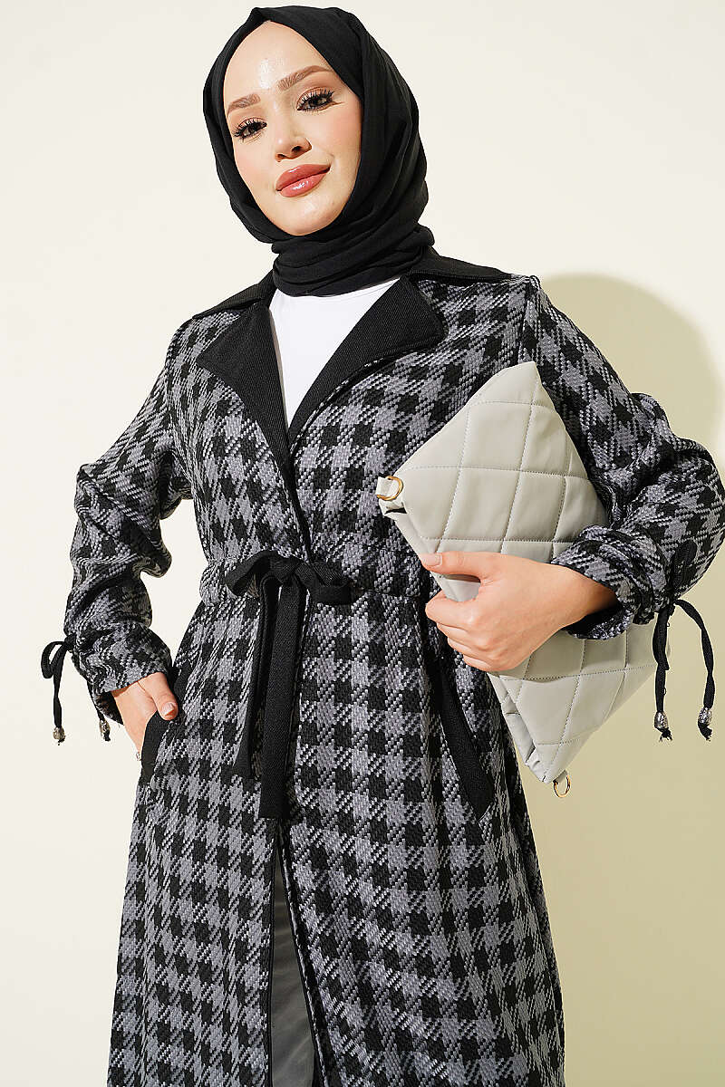Wrap-Collar Houndstooth Cape - Smoke Grey