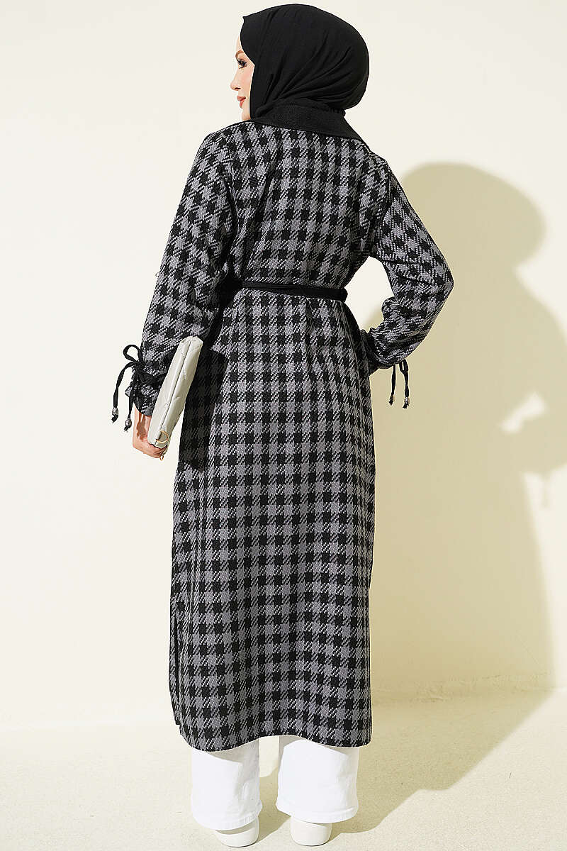 Wrap-Collar Houndstooth Cape - Smoke Grey