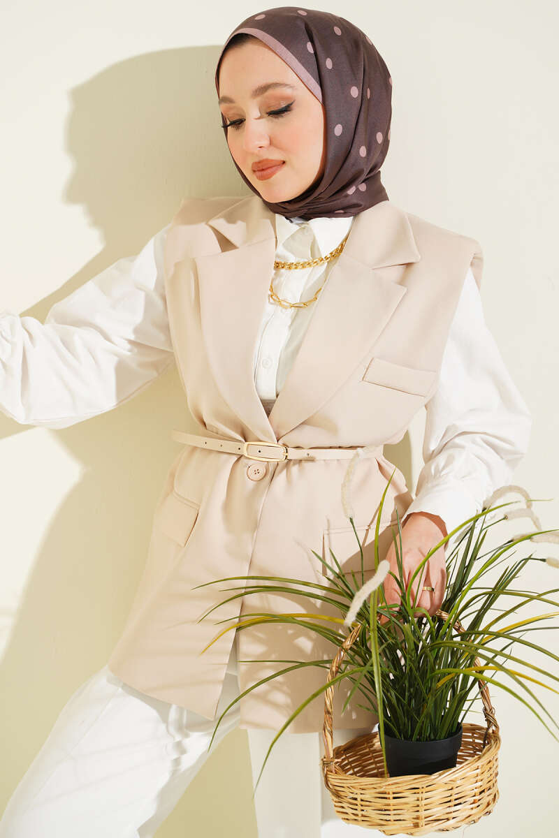 Double-Breasted Vest with Belt Detail - Beige