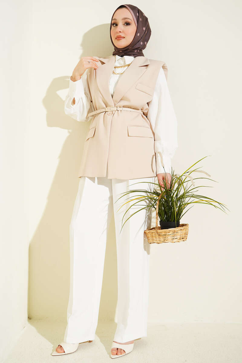 Double-Breasted Vest with Belt Detail - Beige