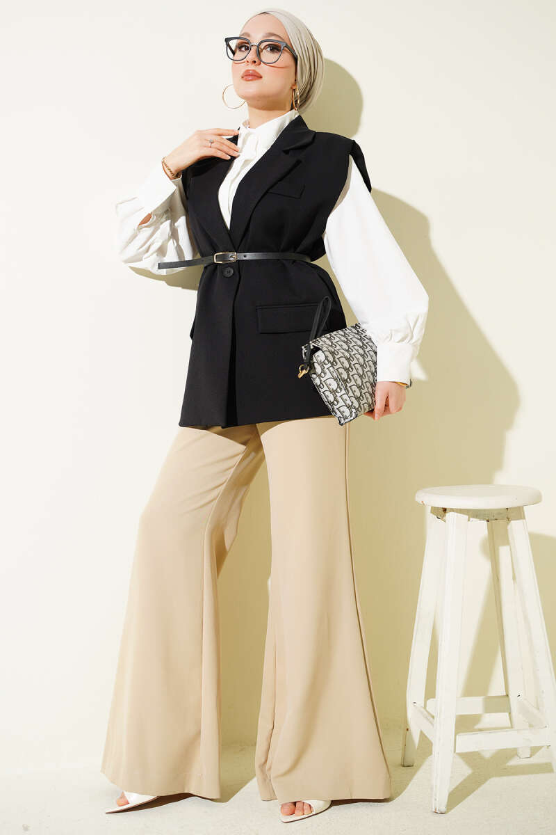 Double-Breasted Vest with Belt Detail - Black
