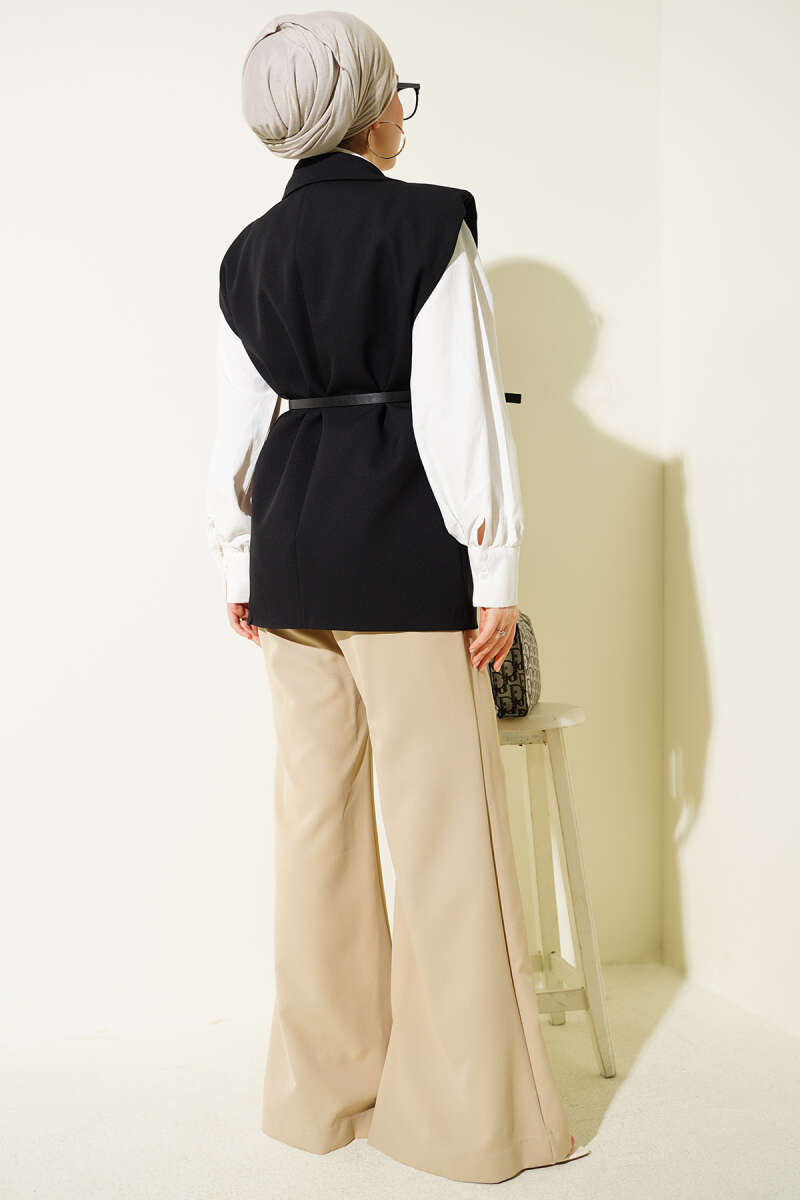 Double-Breasted Vest with Belt Detail - Black