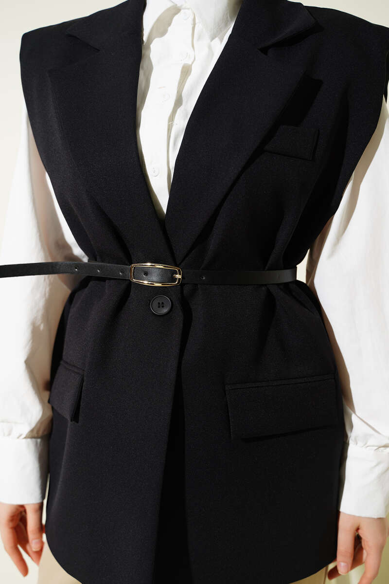 Double-Breasted Vest with Belt Detail - Black