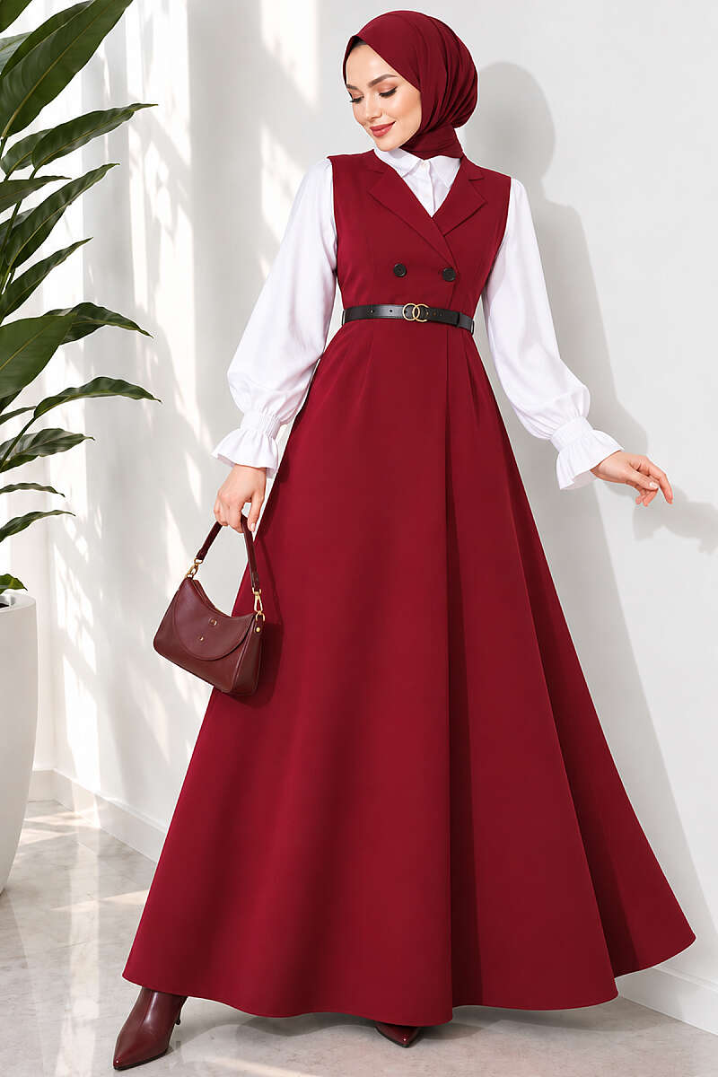 Belted Wrap-Collar Pinafore Dress - Burgundy