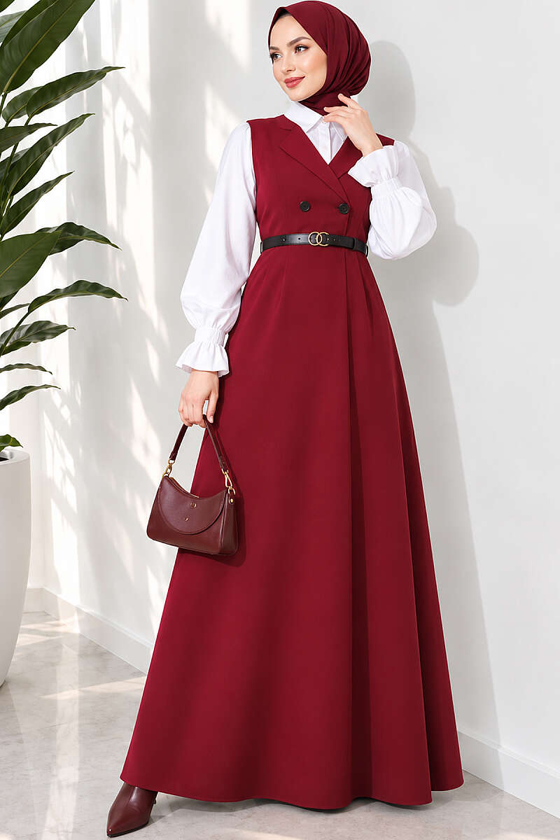 Belted Wrap-Collar Pinafore Dress - Burgundy