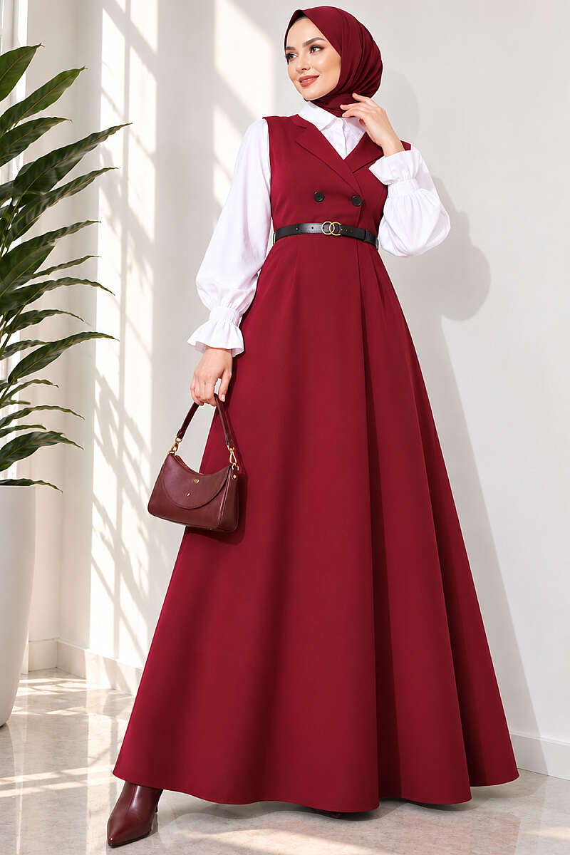Belted Wrap-Collar Pinafore Dress - Burgundy