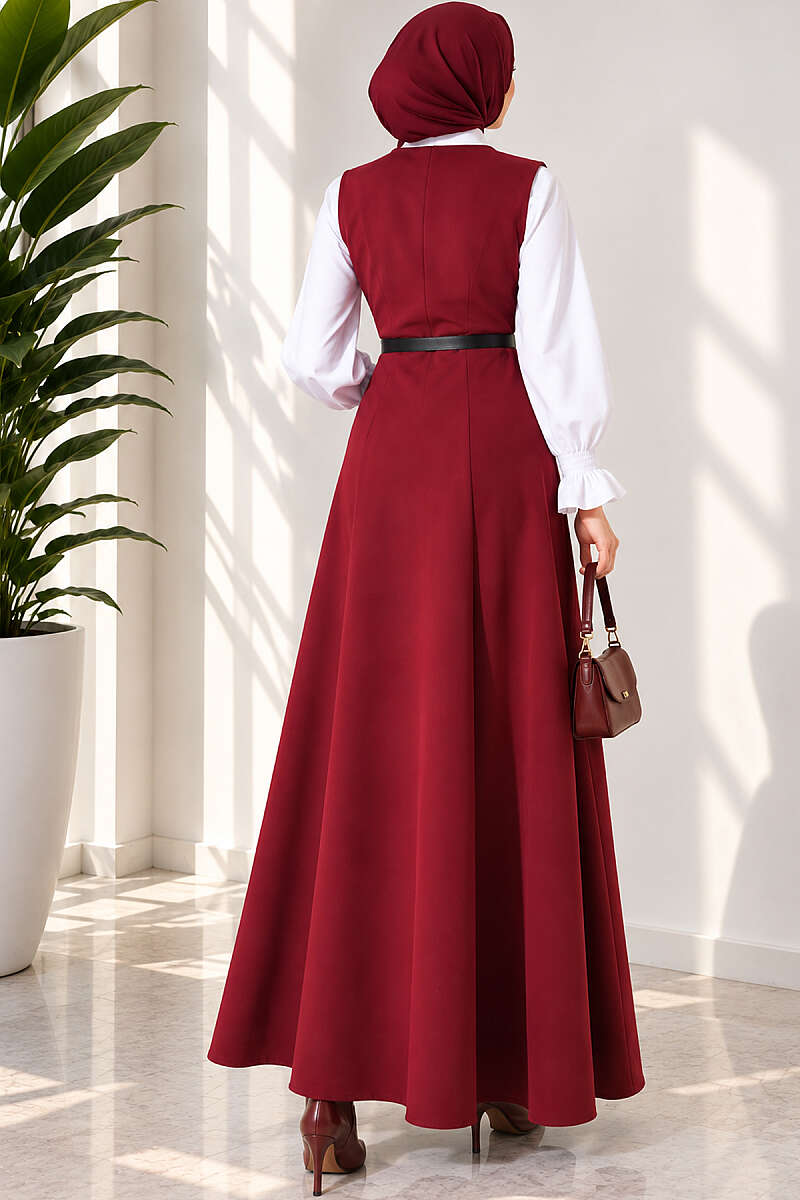 Belted Wrap-Collar Pinafore Dress - Burgundy