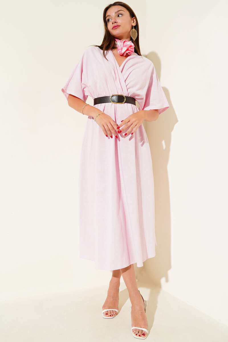 Belted Wrap Linen Midi Dress - Pink