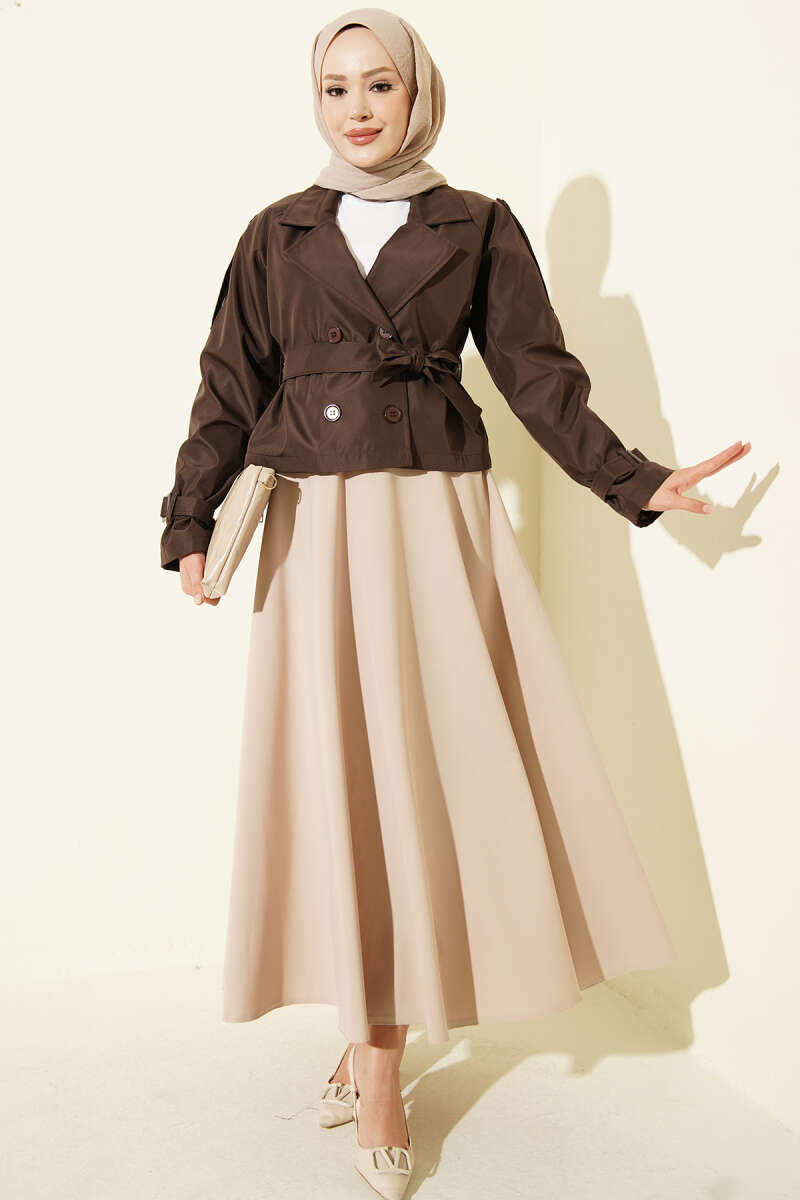 Short Belted Double-Breasted Trench Coat - Brown
