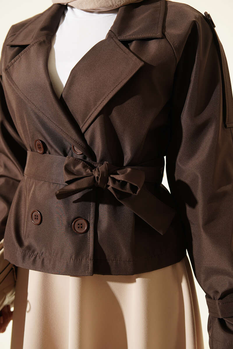 Short Belted Double-Breasted Trench Coat - Brown