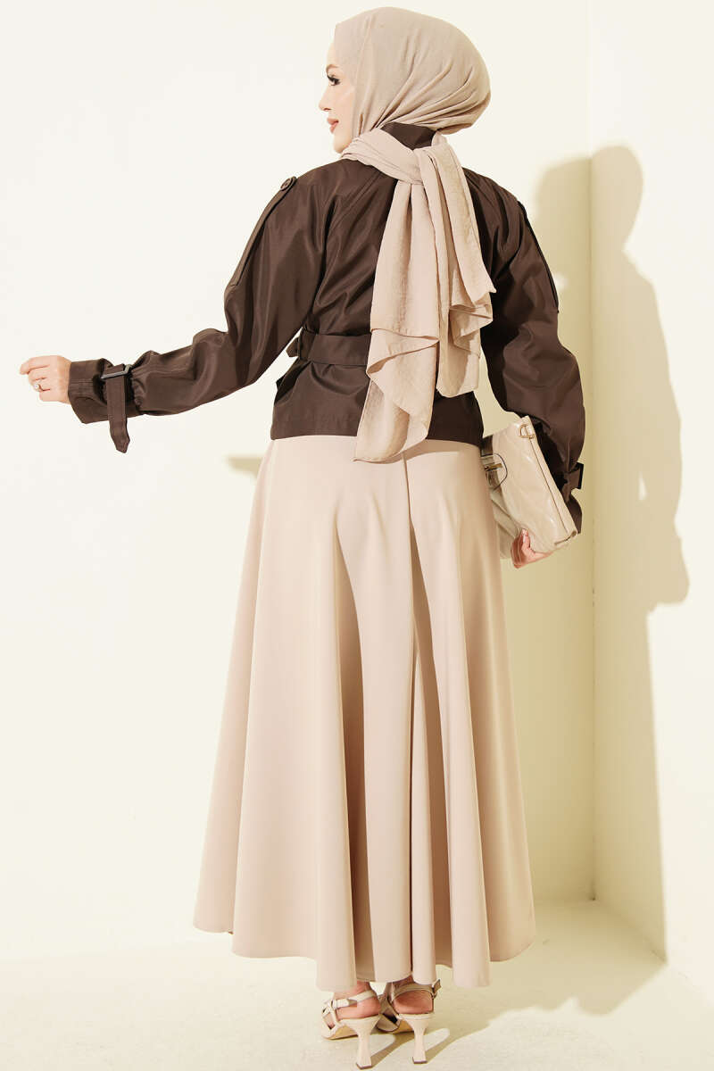 Short Belted Double-Breasted Trench Coat - Brown