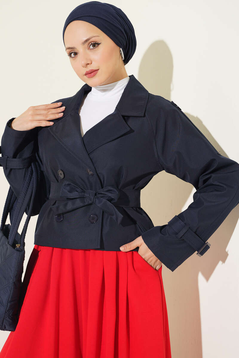 Short Belted Double-Breasted Trench Coat - Navy