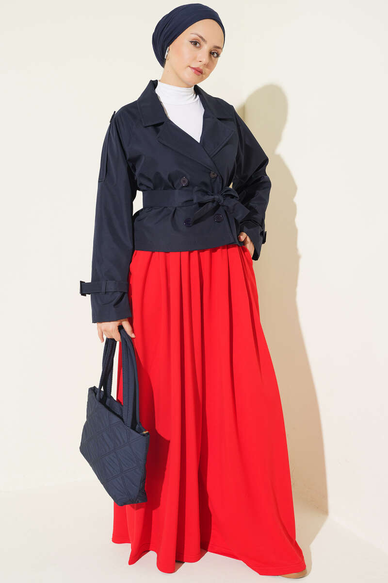 Short Belted Double-Breasted Trench Coat - Navy