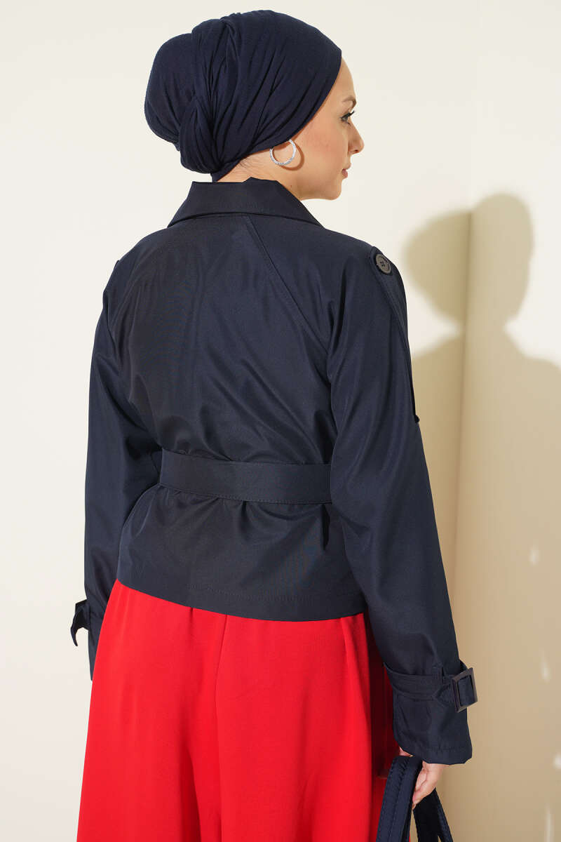 Short Belted Double-Breasted Trench Coat - Navy