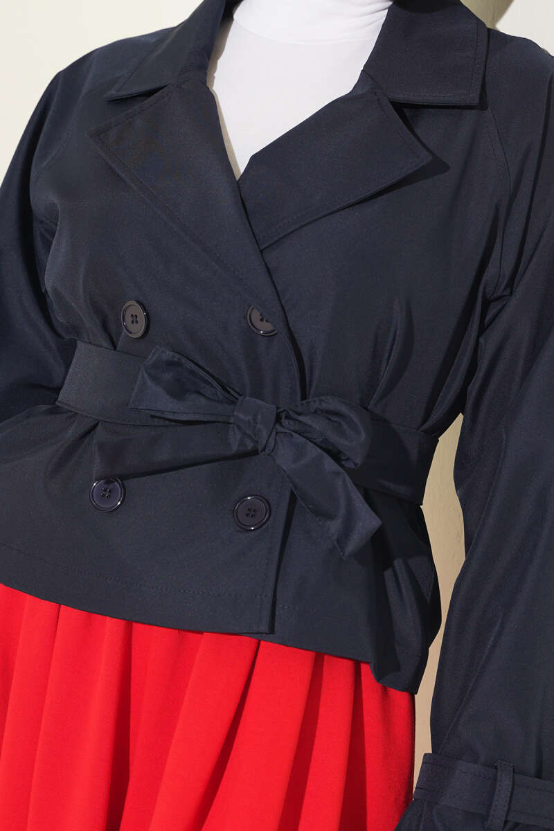 Short Belted Double-Breasted Trench Coat - Navy