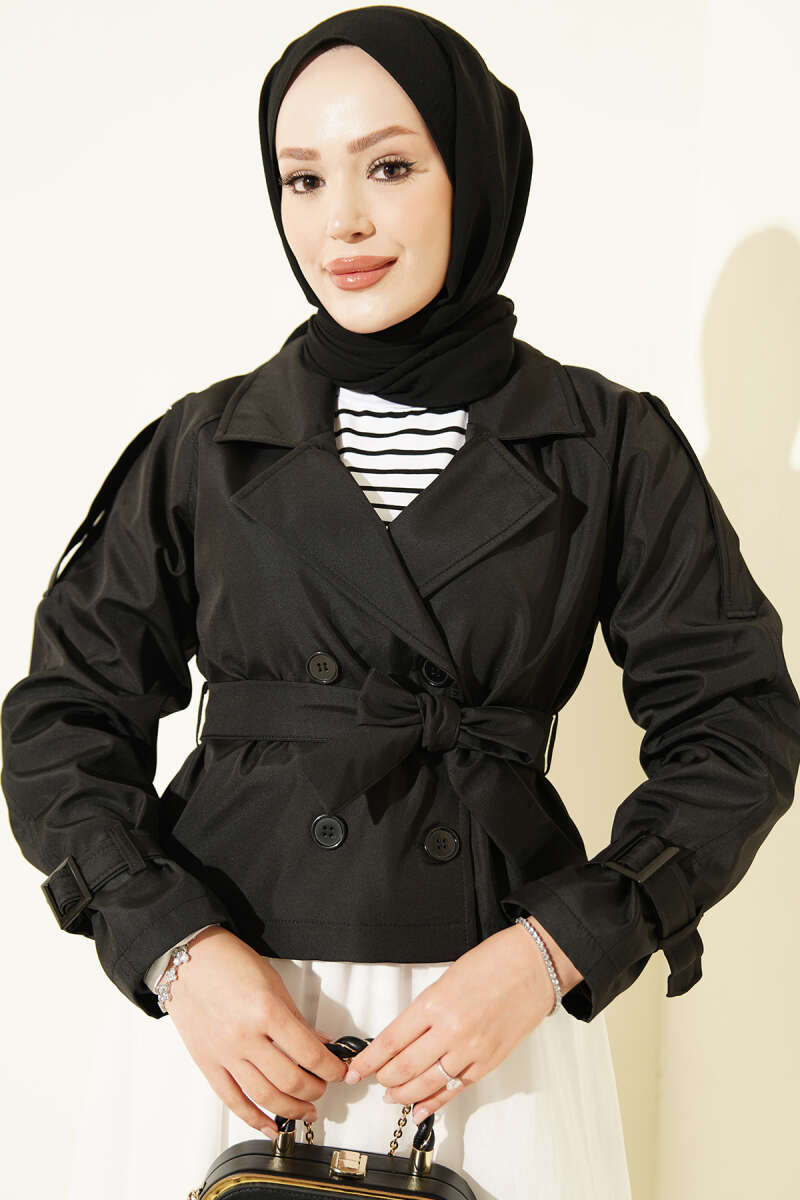 Short Belted Double-Breasted Trench Coat - Black