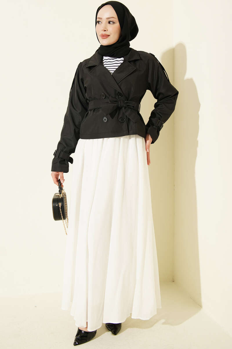 Short Belted Double-Breasted Trench Coat - Black