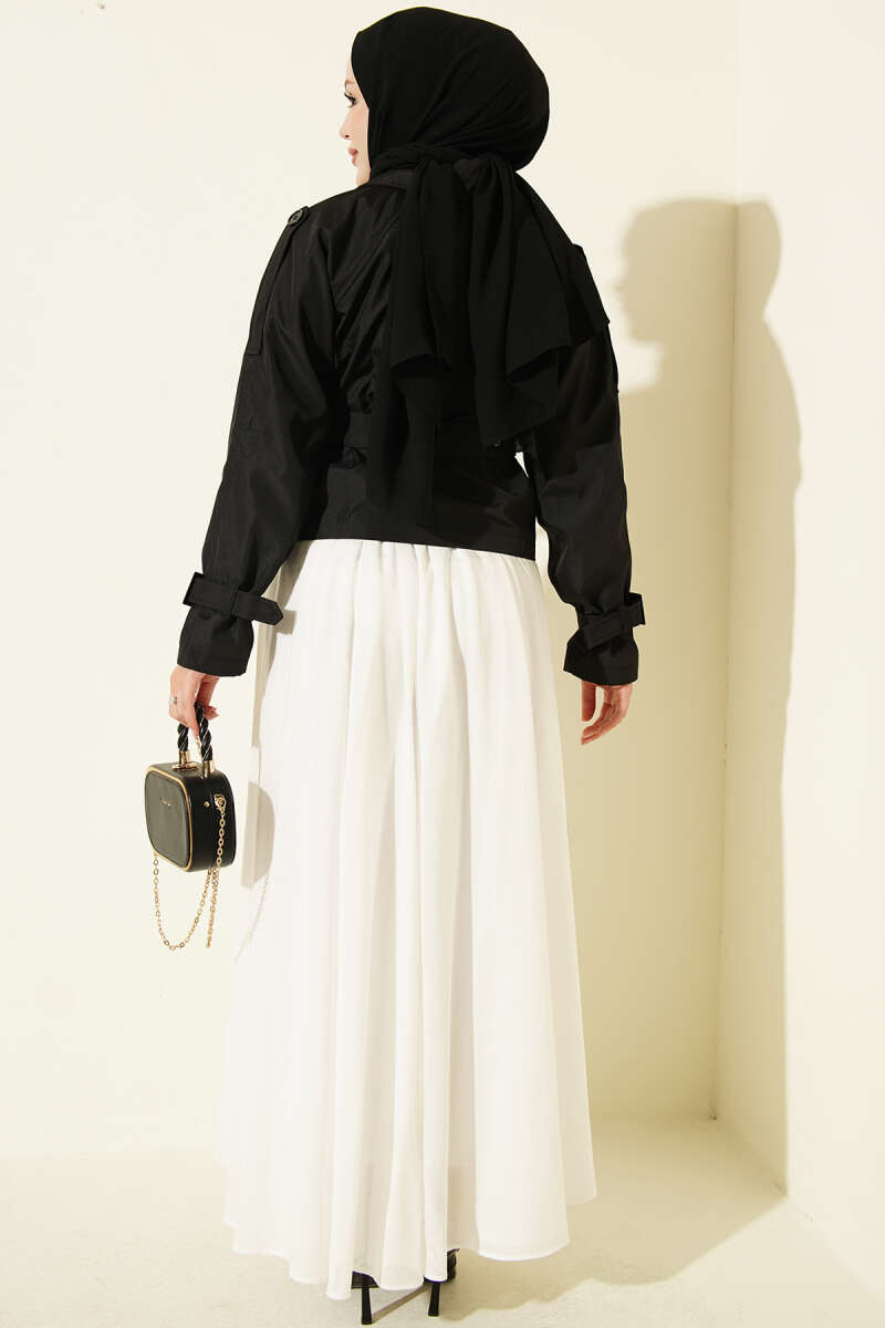 Short Belted Double-Breasted Trench Coat - Black