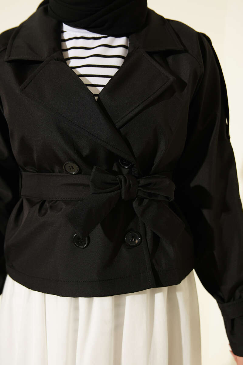 Short Belted Double-Breasted Trench Coat - Black