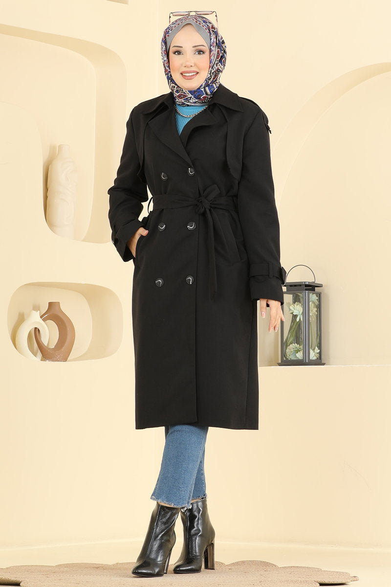 Belted Double-Breasted Trench Coat - Black