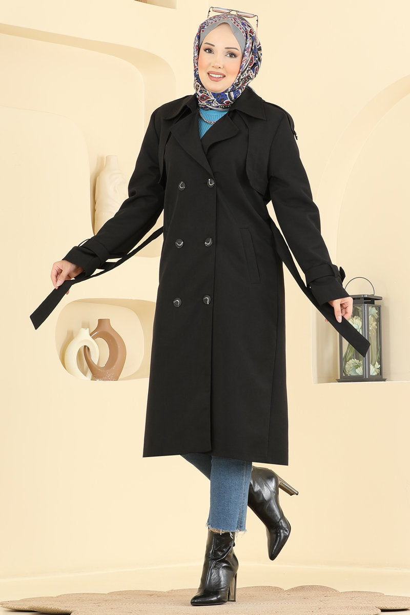 Belted Double-Breasted Trench Coat - Black