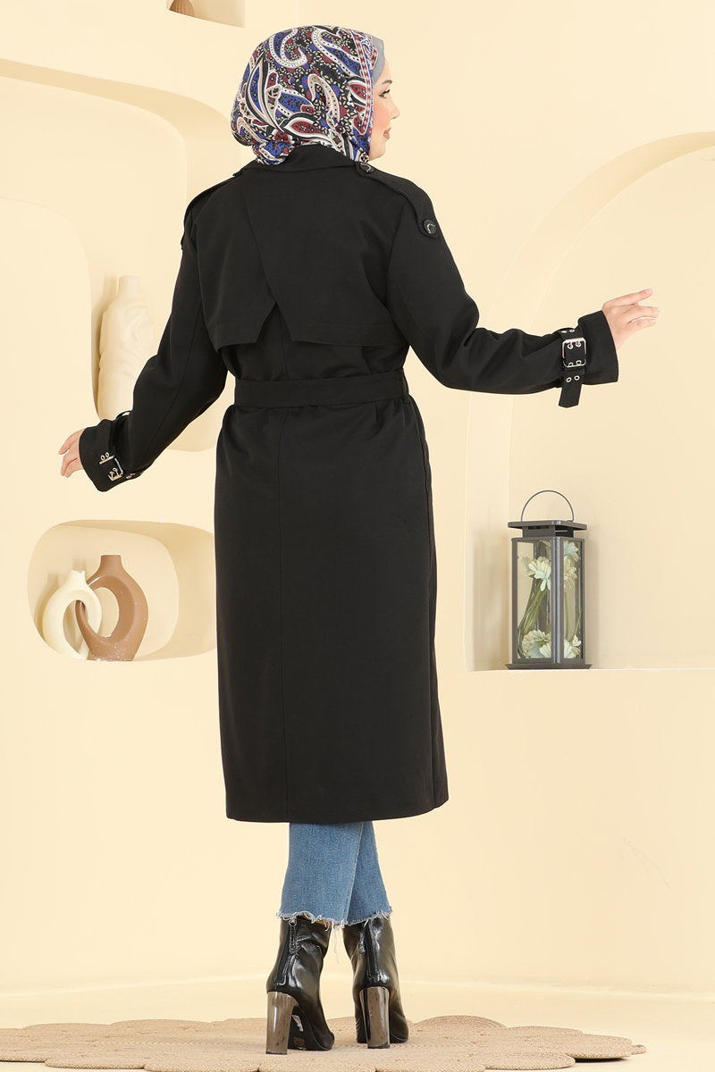 Belted Double-Breasted Trench Coat - Black