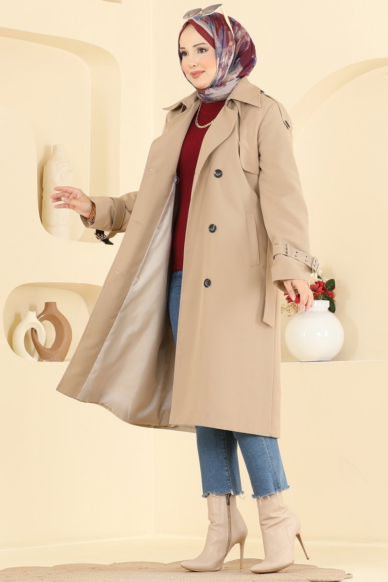 Belted Double-Breasted Trench Coat - Stone