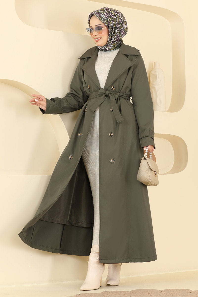 Belted Double-Breasted Bonded Trench Coat - Khaki