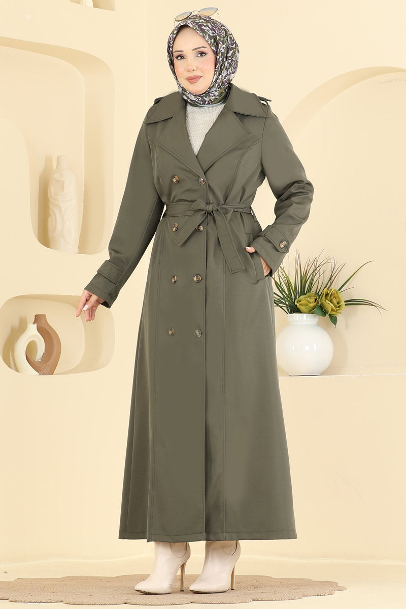 Belted Double-Breasted Bonded Trench Coat - Khaki