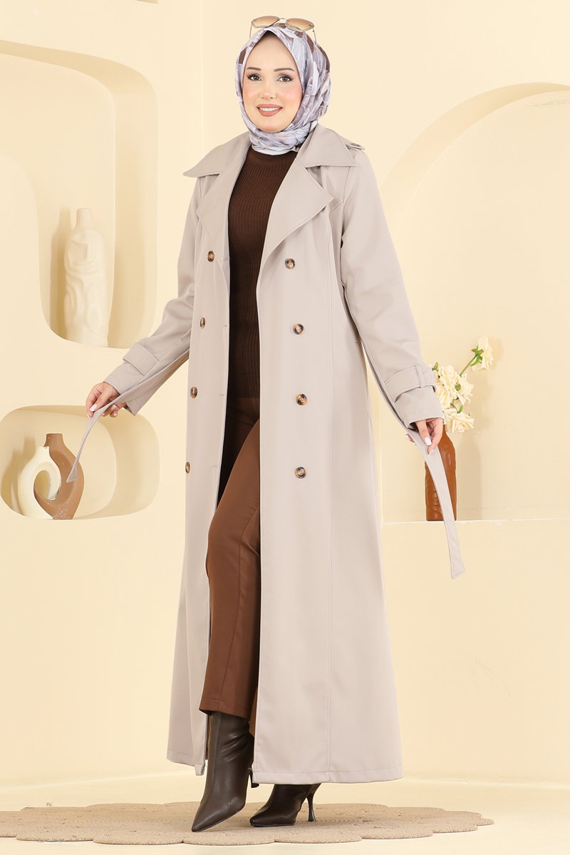 Belted Double-Breasted Bonded Trench Coat - Stone