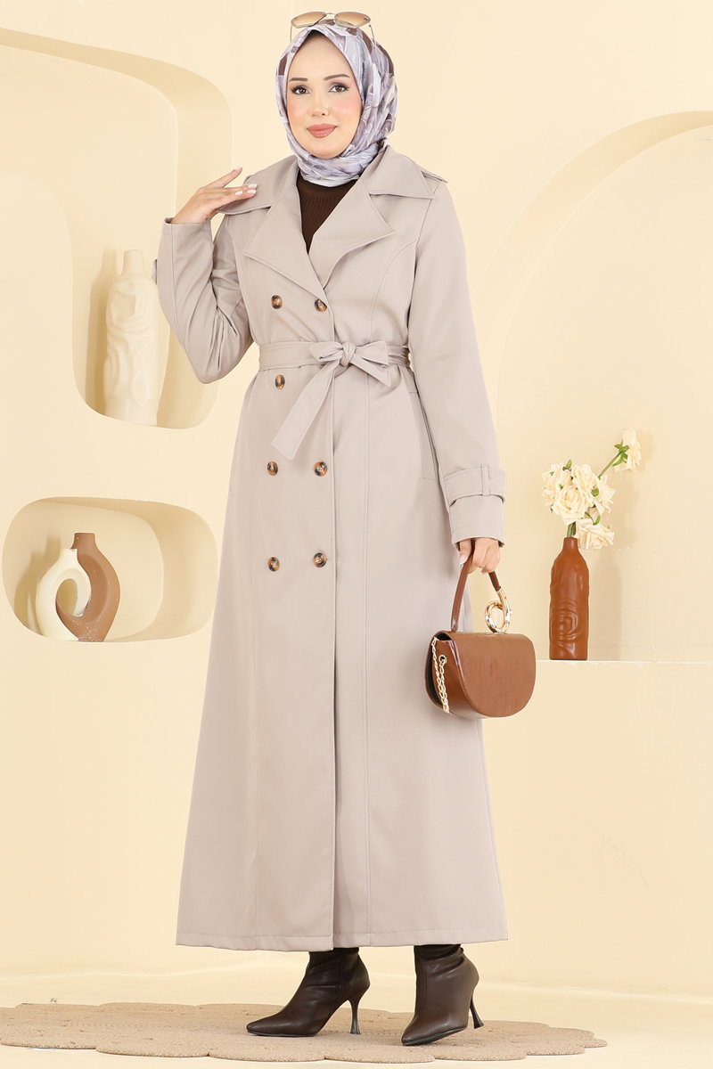 Belted Double-Breasted Bonded Trench Coat - Stone