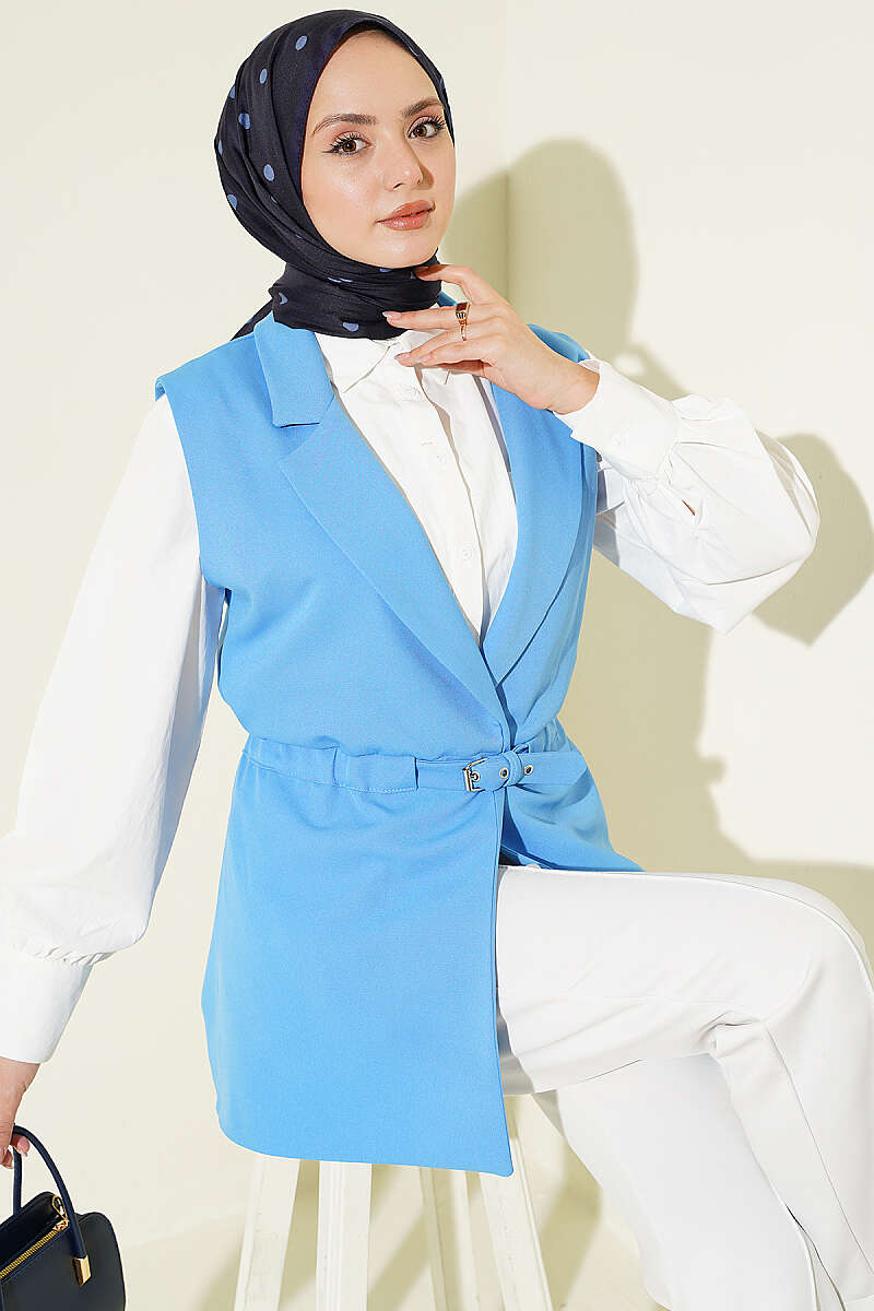 Belted Wrap-Collar Vest - Blue