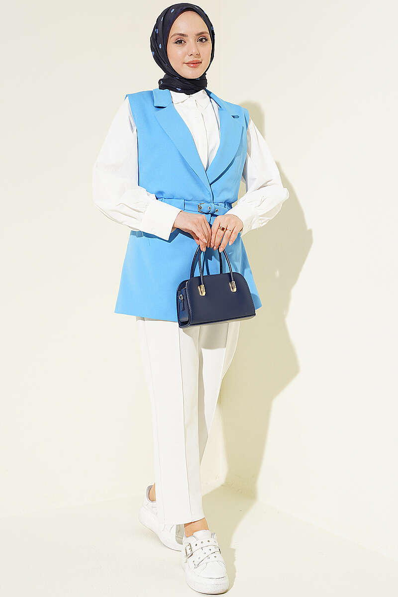 Belted Wrap-Collar Vest - Blue