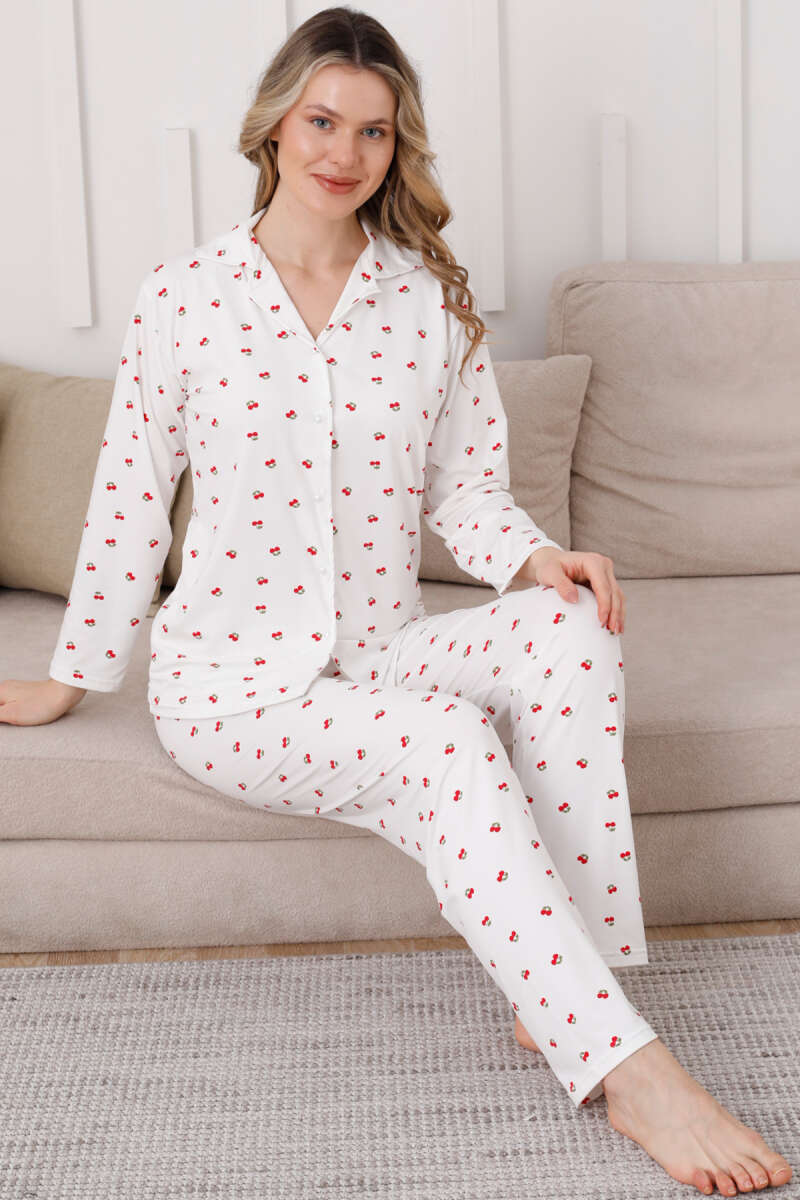 Wrap-Collar Cherry Embroidered Pyjama Set - White