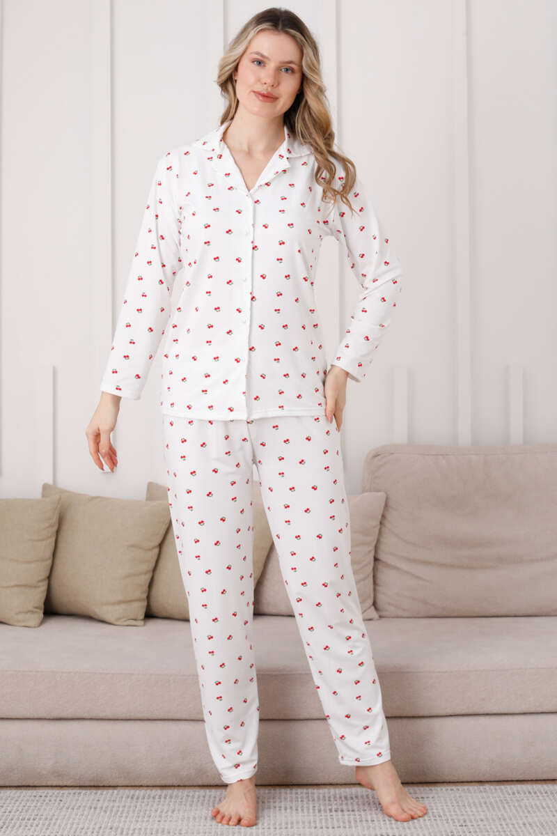 Wrap-Collar Cherry Embroidered Pyjama Set - White