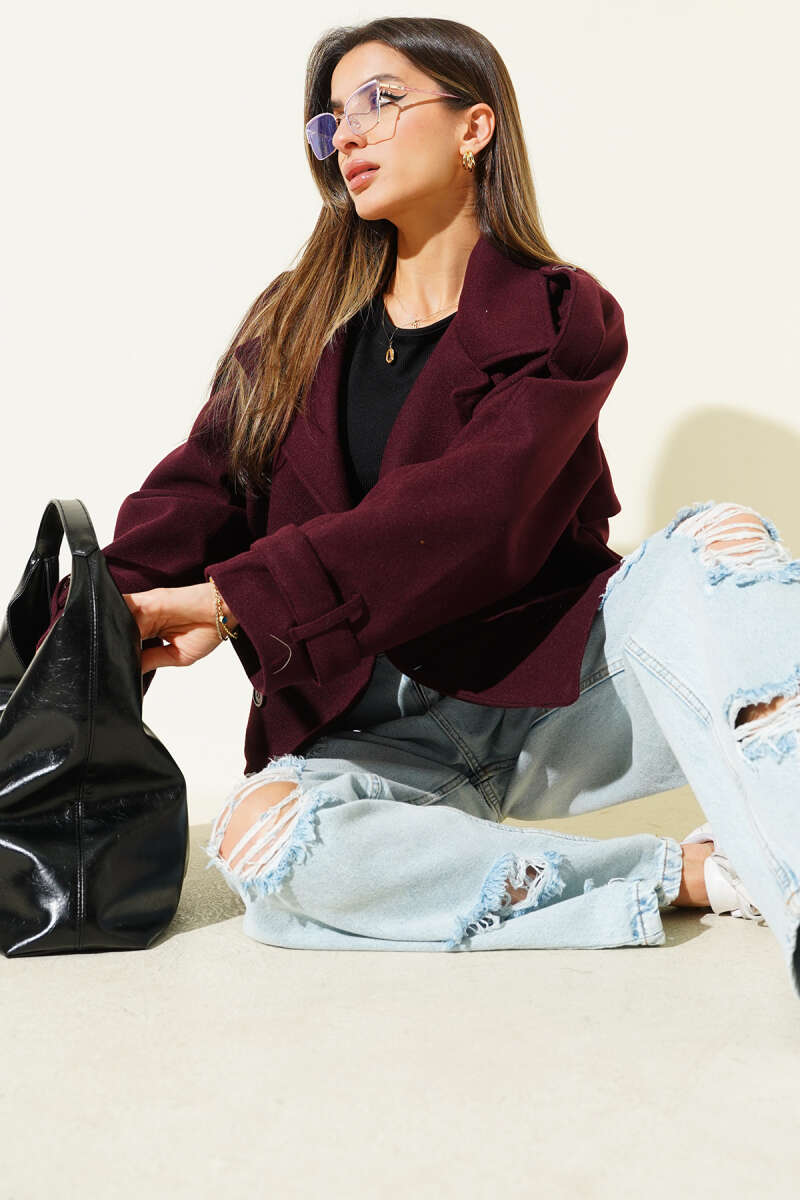Short Double-Breasted Coat - Plum