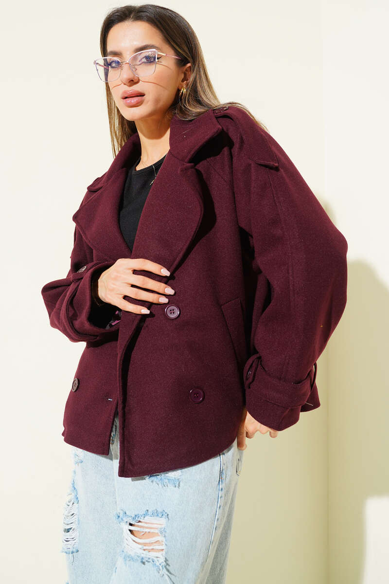 Short Double-Breasted Coat - Plum
