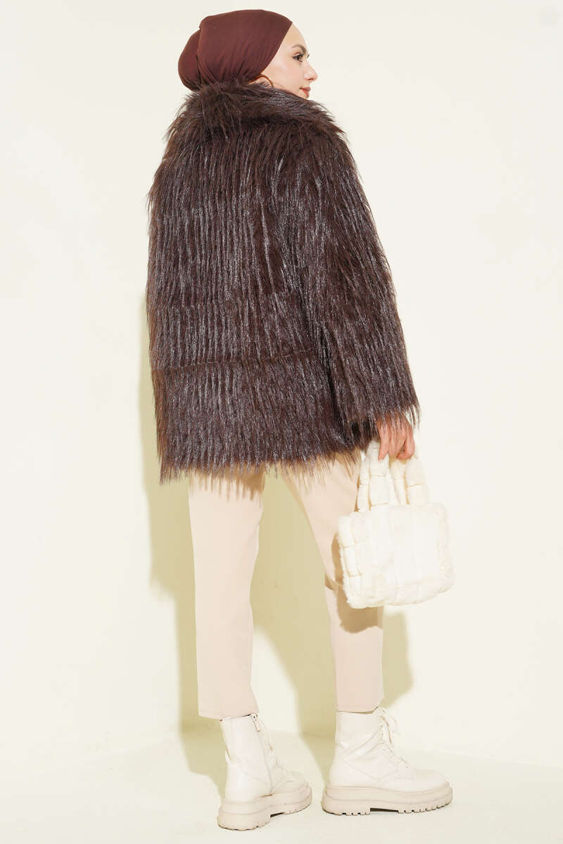 Wrap-Collar Coat with Faux Fur - Dark Brown