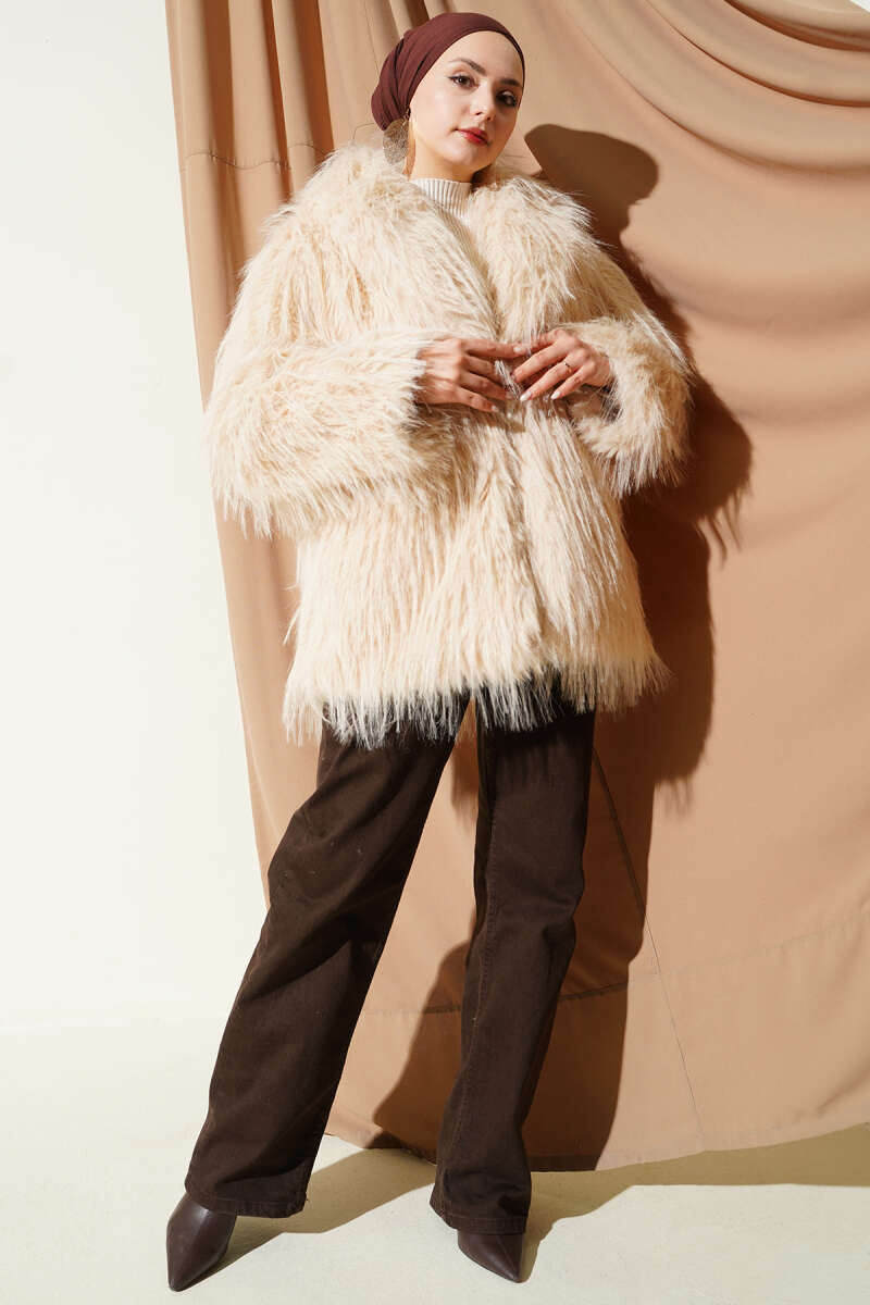 Wrap-Collar Coat with Faux Fur - Beige