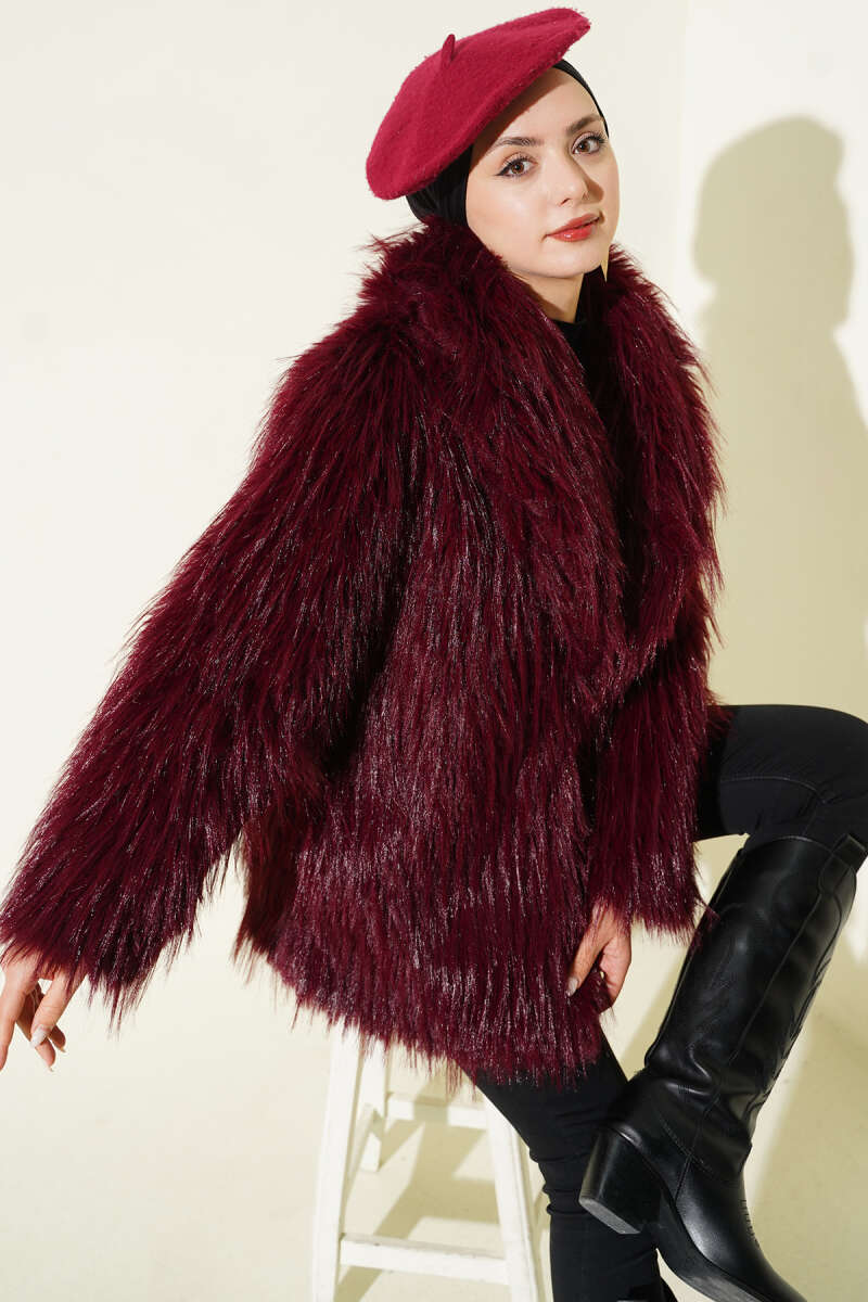 Wrap-Collar Coat with Faux Fur - Burgundy