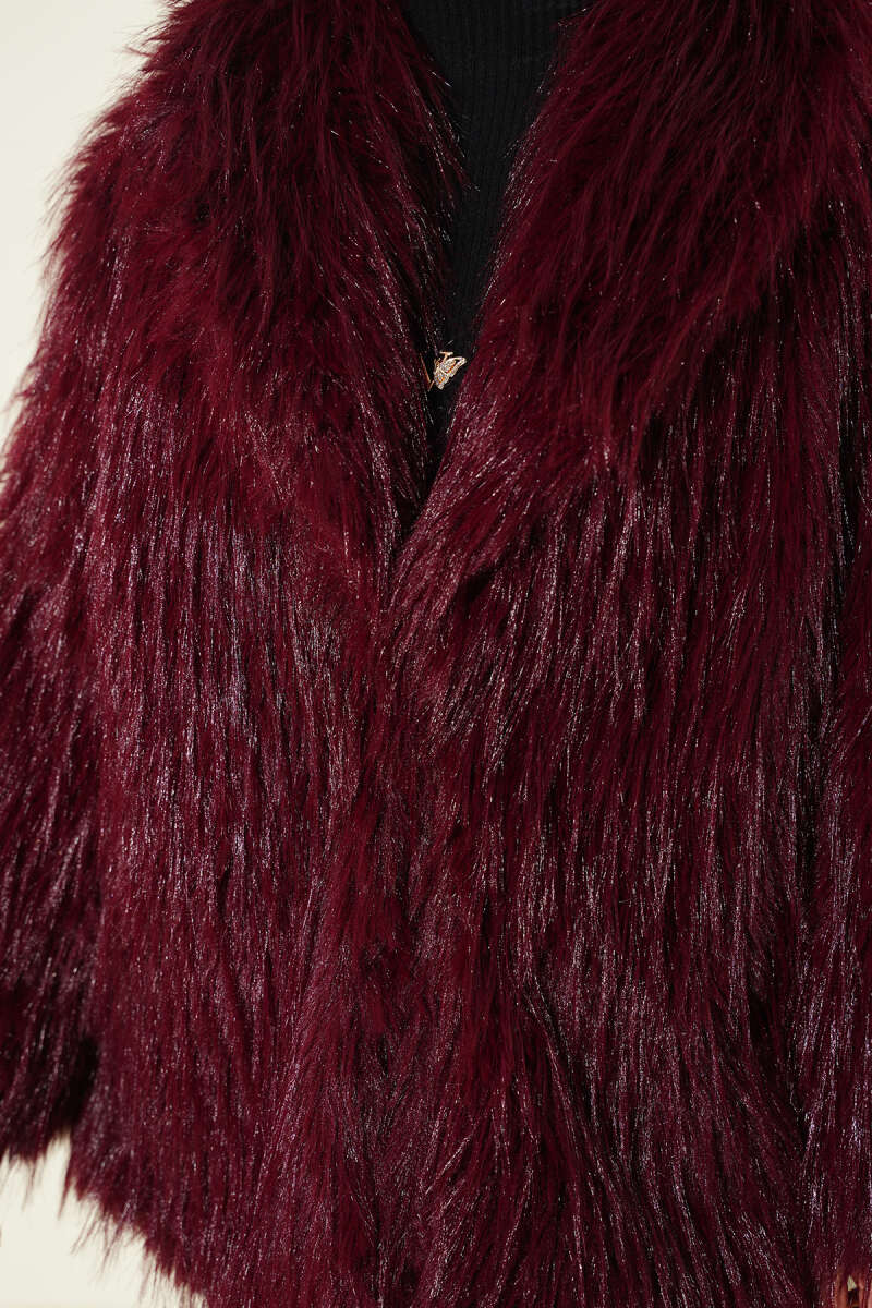 Wrap-Collar Coat with Faux Fur - Burgundy