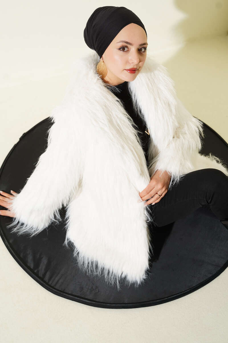 Wrap-Collar Coat with Faux Fur - Ecru