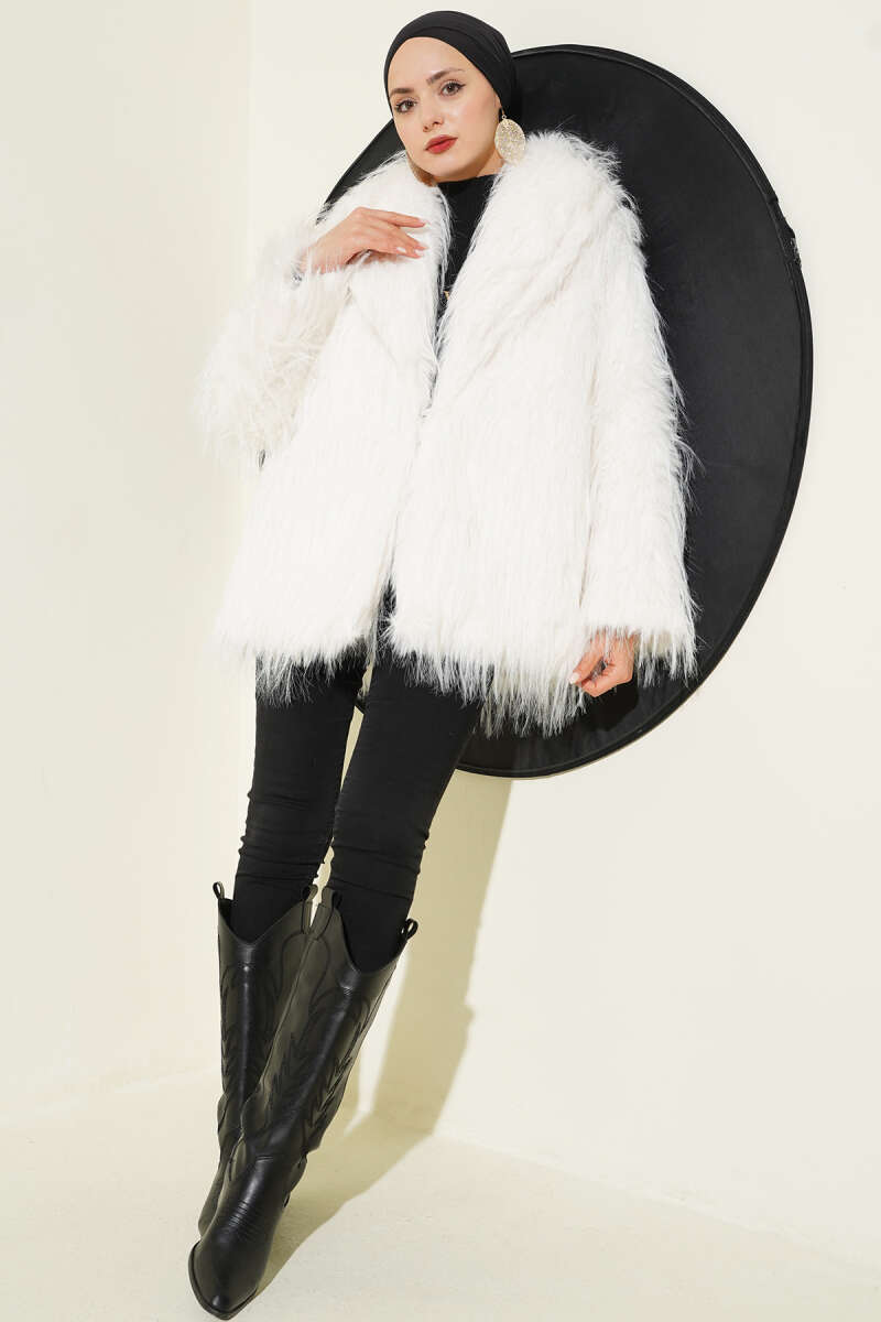 Wrap-Collar Coat with Faux Fur - Ecru