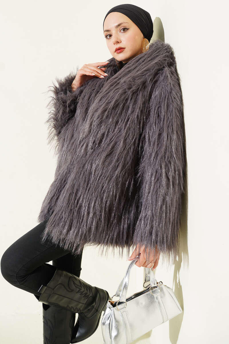 Wrap-Collar Coat with Faux Fur - Smoke Grey