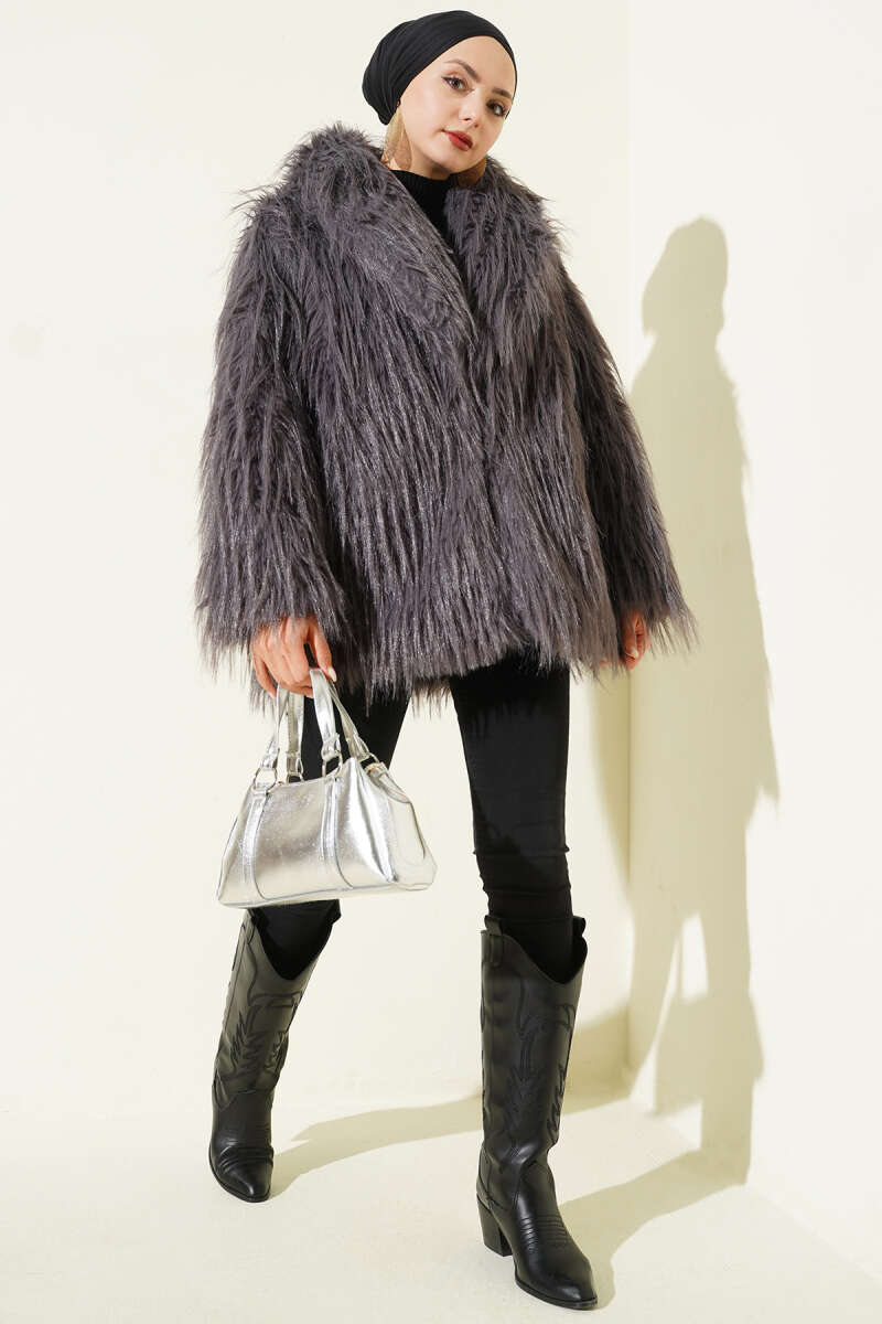 Wrap-Collar Coat with Faux Fur - Smoke Grey