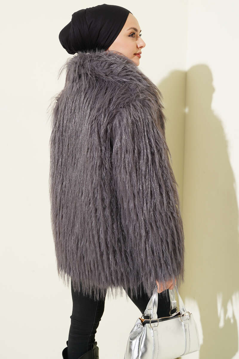 Wrap-Collar Coat with Faux Fur - Smoke Grey